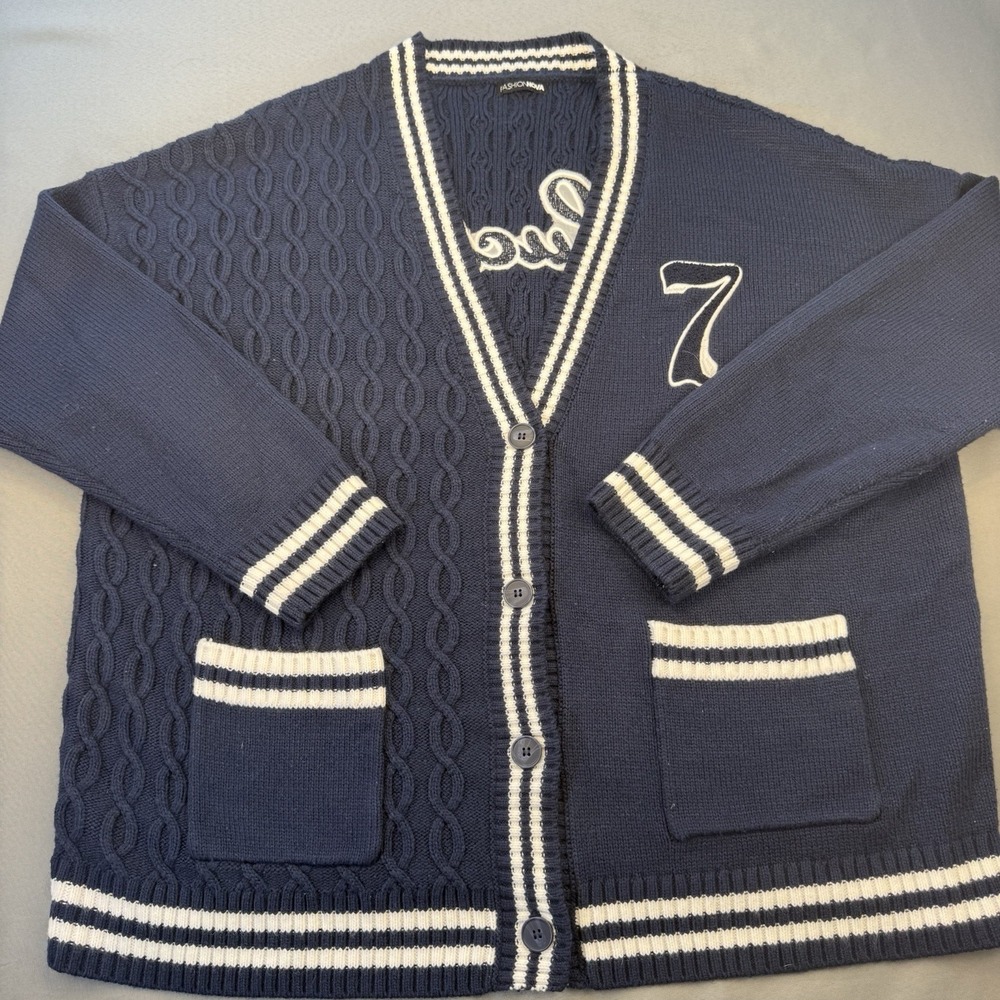 Fashion Nova Cardigan XL Varsity Lucky 7 Cable Knit Sweater Preppy Collegiate